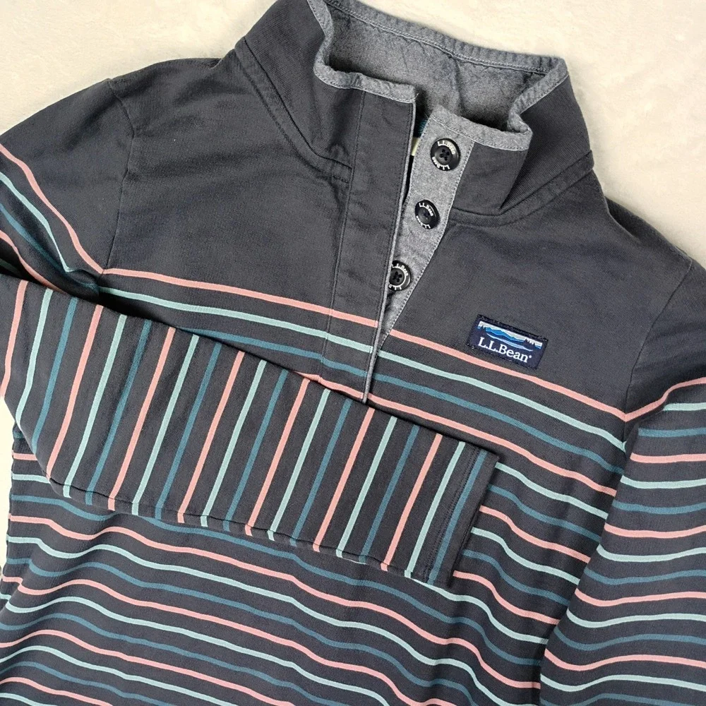 LL Bean Mens Small Striped Quarter Button Pullover Mock Neck Navy Blue Teal Pink